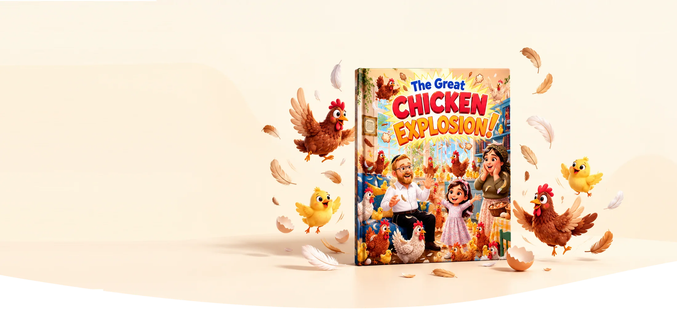 The Great Chicken Explosion book surrounded by flying chickens and feathers